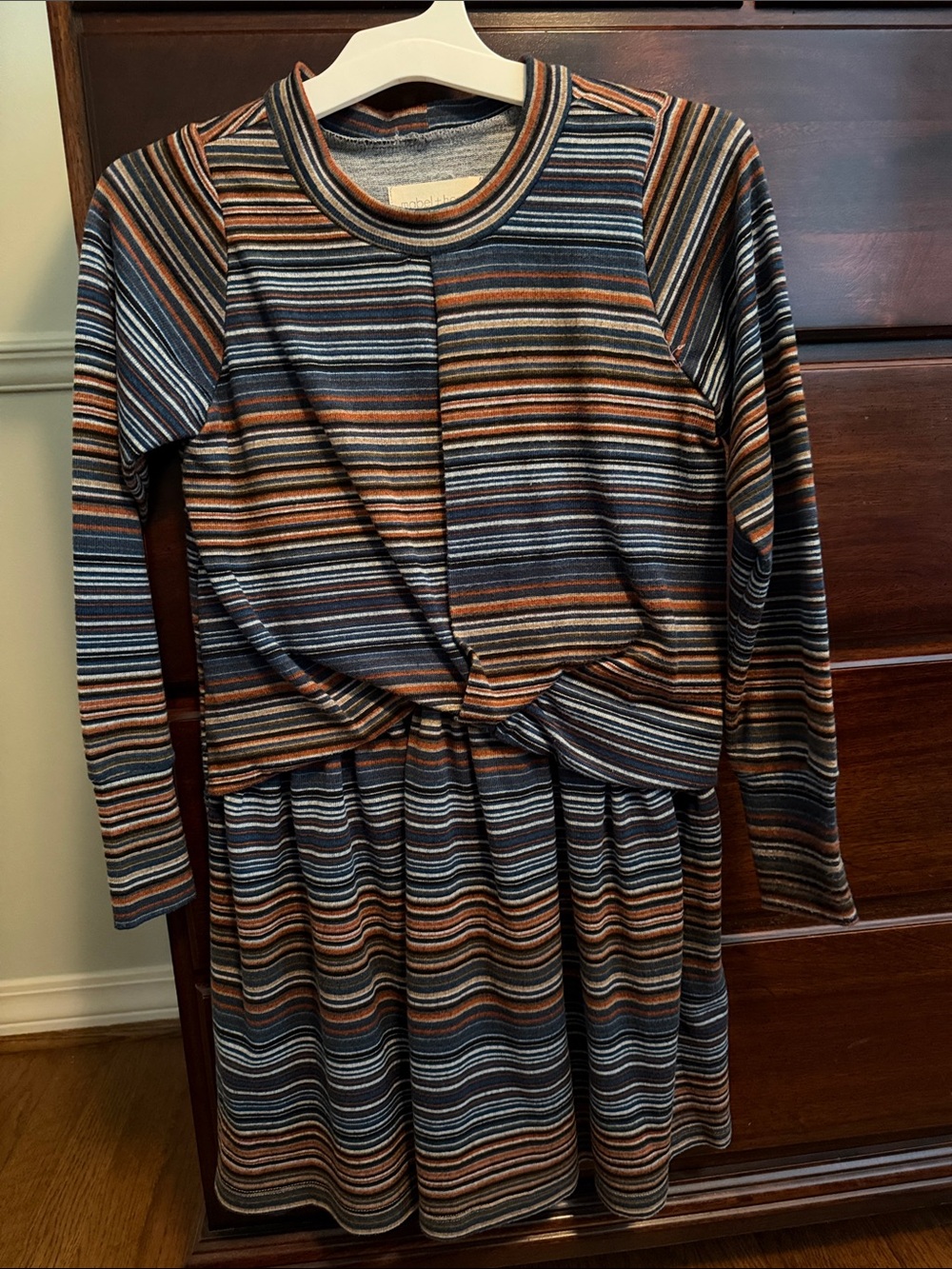 Striped Long-Sleeve Knot Waist Kids Dress - Blue & Brown